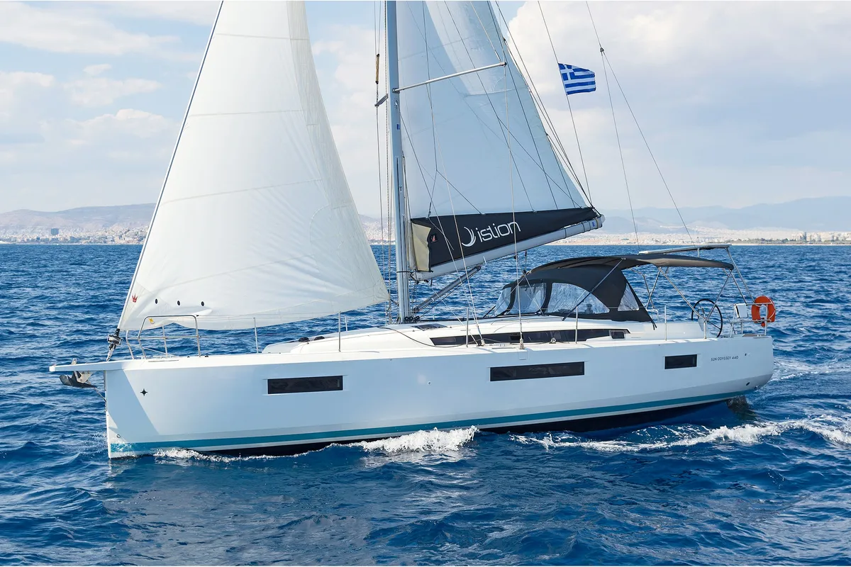 Exterior view of Dory, a Jeanneau Sun Odyssey 440 sailboat at Gouvia, Greece