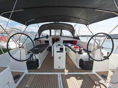 Cockpit of Dory, a Jeanneau Sun Odyssey 440 sailboat at Gouvia, Greece