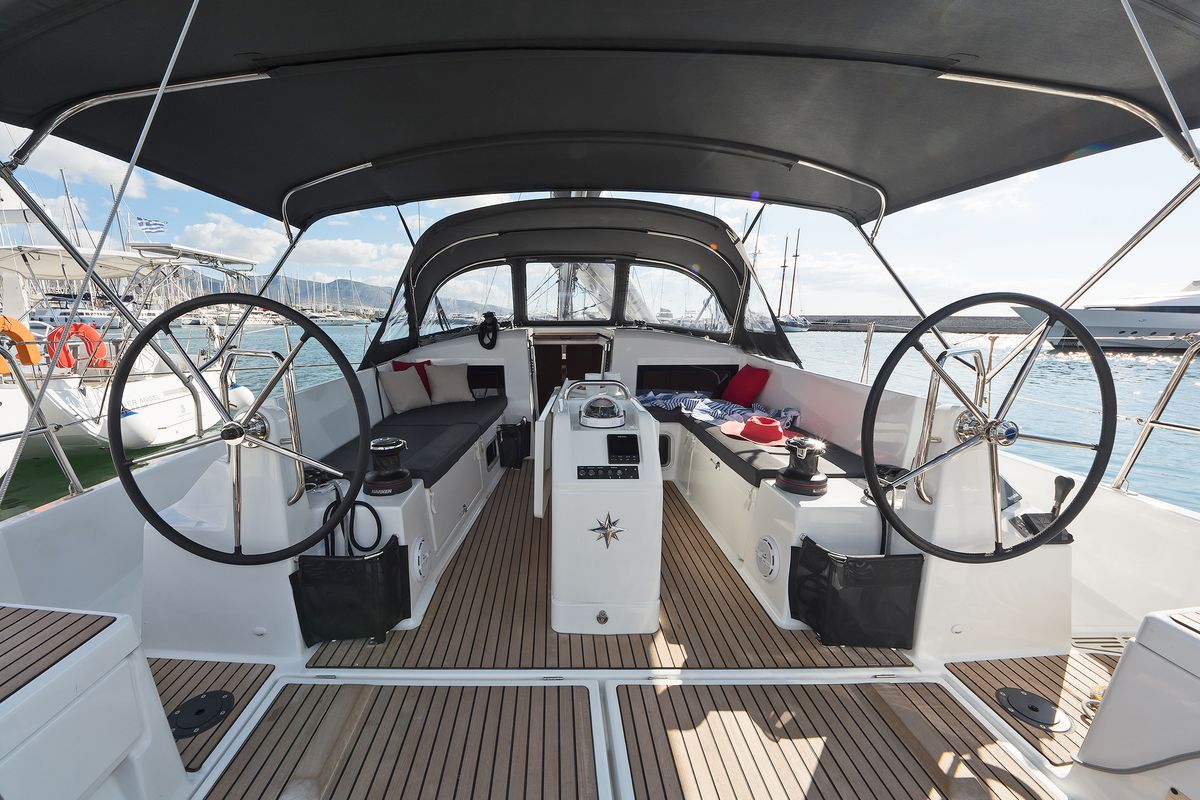 Cockpit of Dory, a Jeanneau Sun Odyssey 440 sailboat at Gouvia, Greece