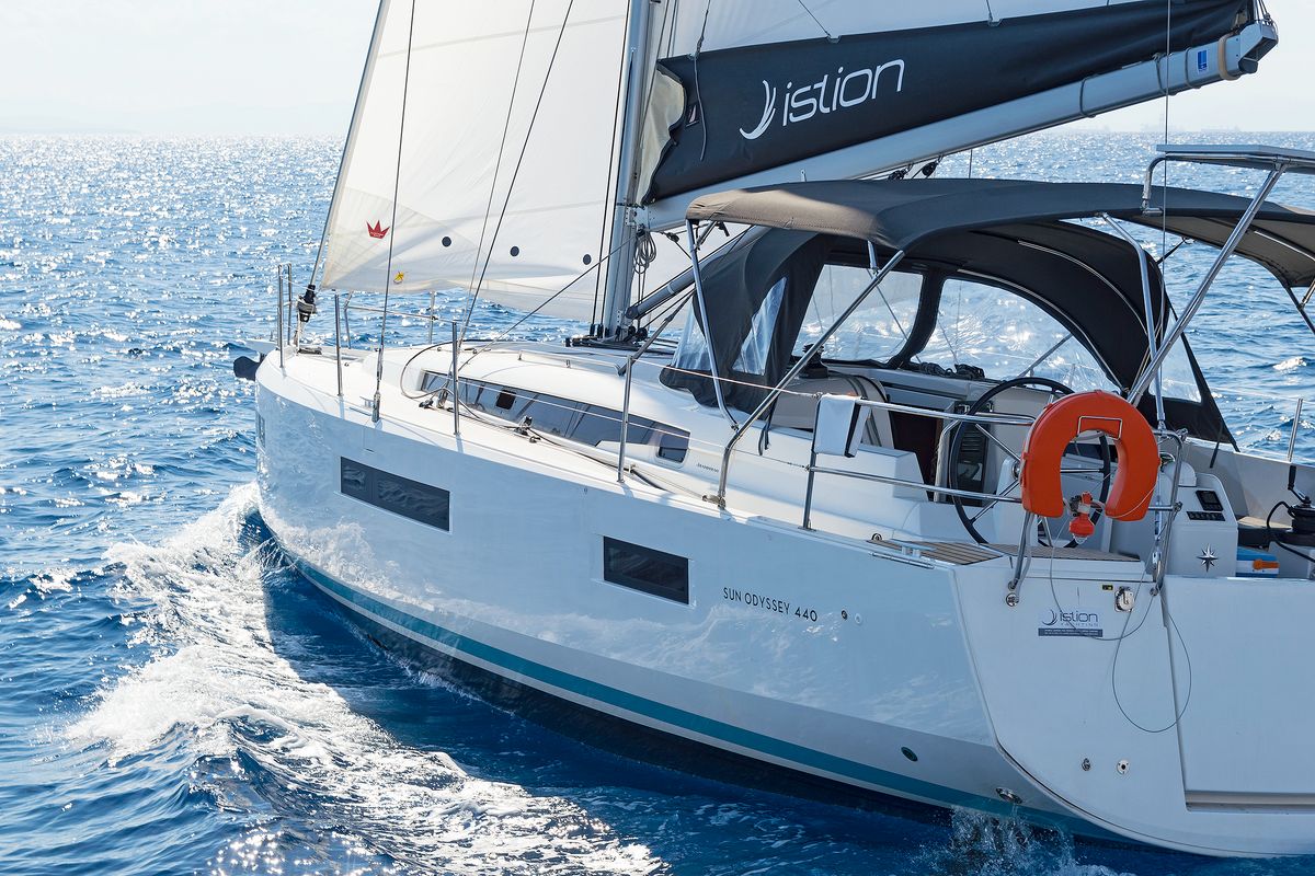 Exterior view of Dory, a Jeanneau Sun Odyssey 440 sailboat at Gouvia, Greece