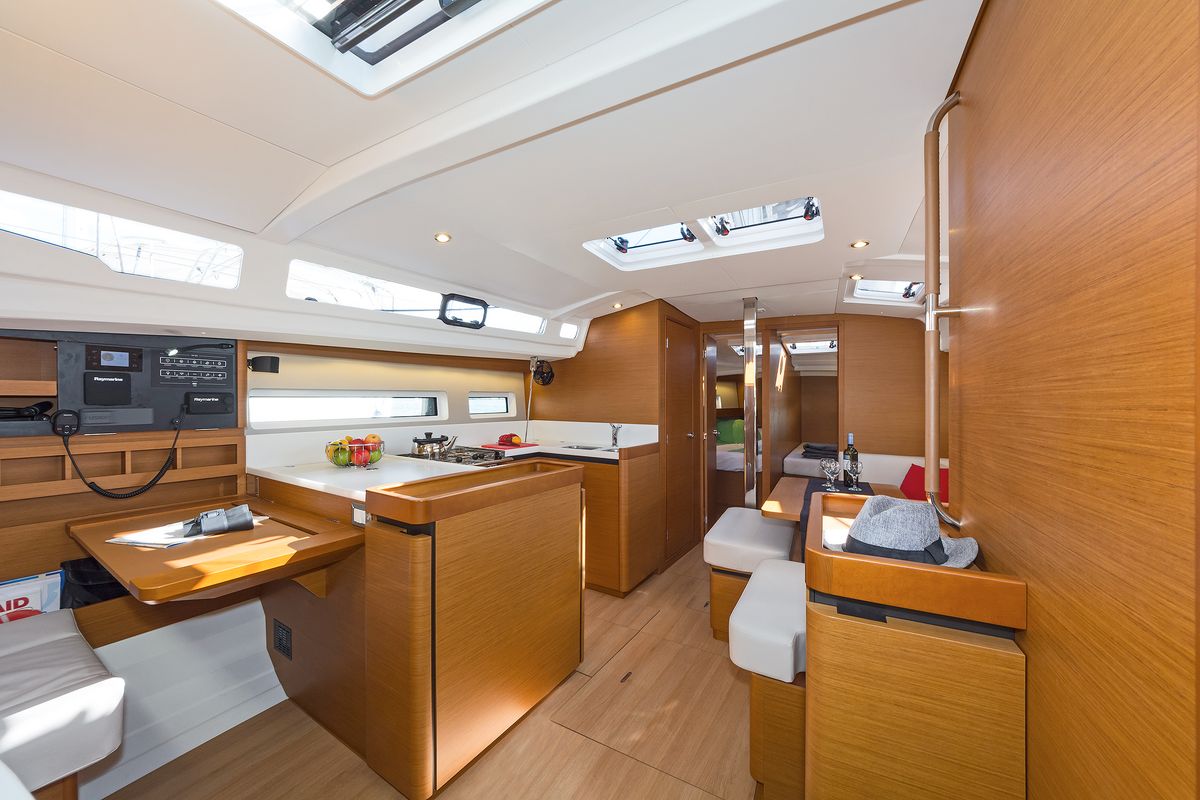 Salon of Dory, a Jeanneau Sun Odyssey 440 sailboat at Gouvia, Greece