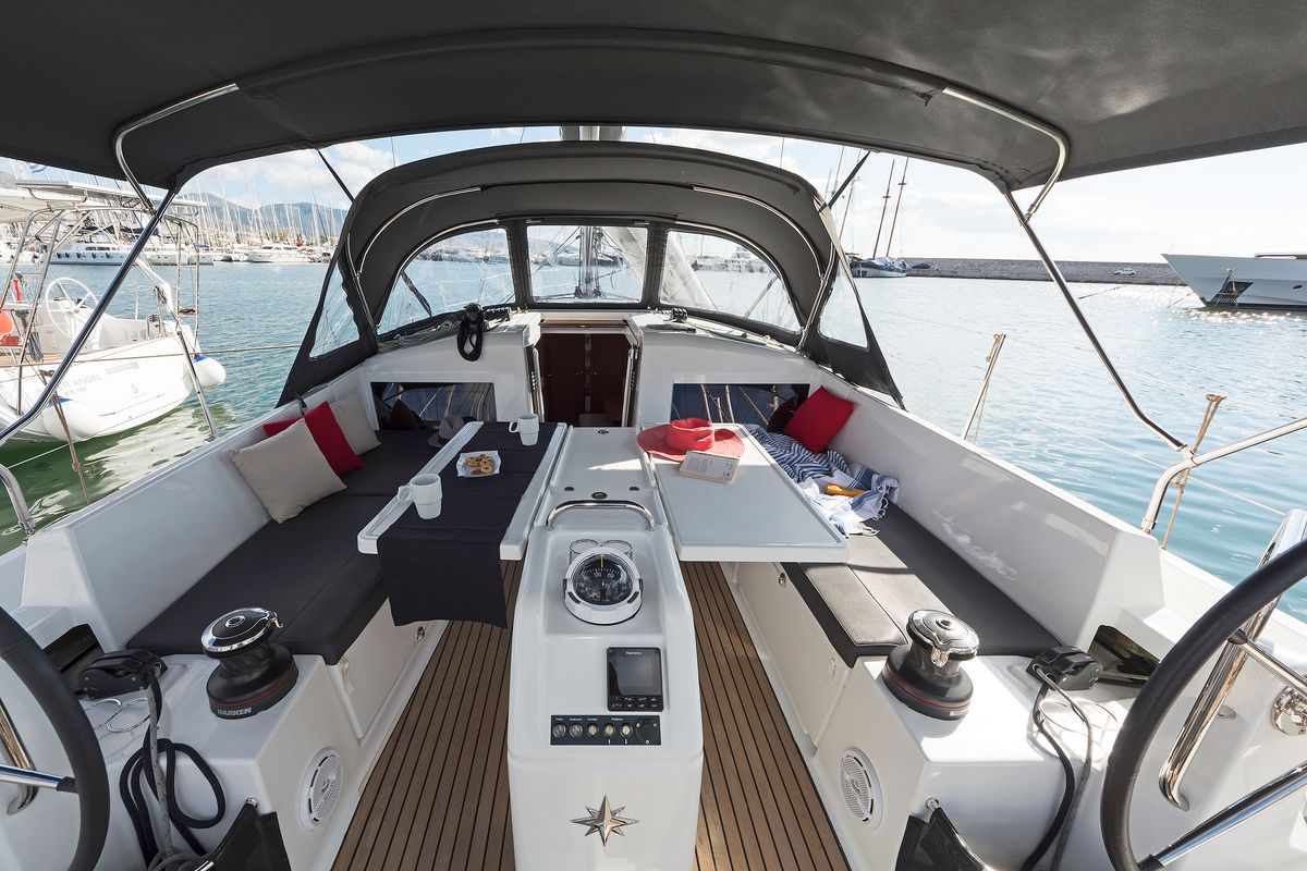 Cockpit of Dory, a Jeanneau Sun Odyssey 440 sailboat at Gouvia, Greece