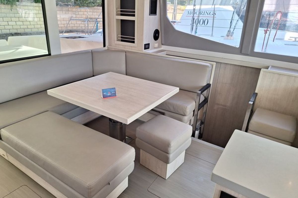 Salon of Prince Laurence, a Leopard 45 catamaran at Tonnarella, Italy