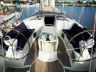 Cockpit of Tattoo, a Jeanneau Sun Odyssey 45 sailboat at Sithonia Municipal Unit, Greece