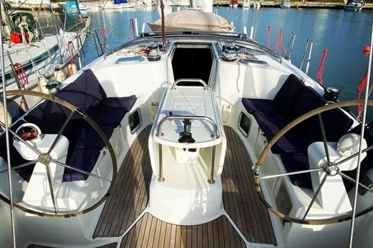 Cockpit of Tattoo, a Jeanneau Sun Odyssey 45 sailboat at Sithonia Municipal Unit, Greece