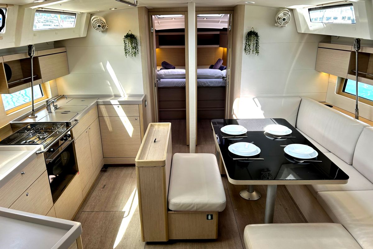 Salon of Capriccio, a Beneteau Oceanis 46.1 sailboat at Gouvia, Greece