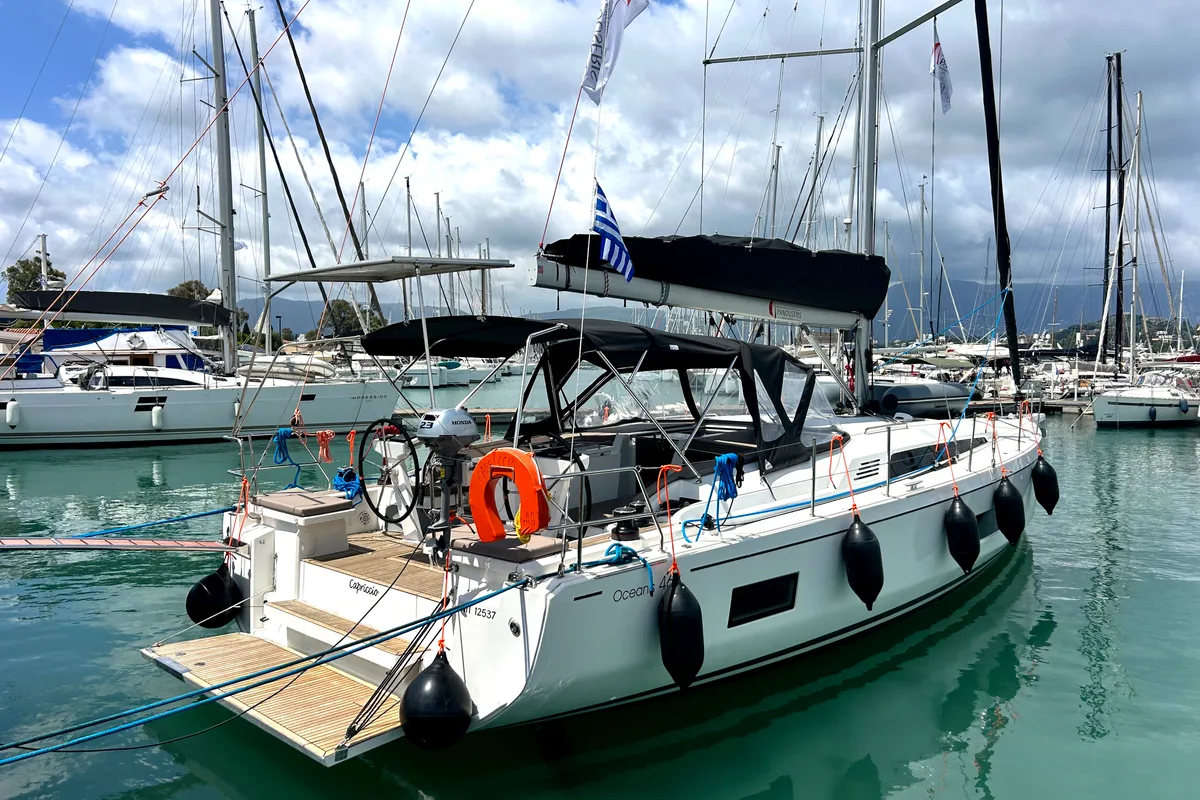 Exterior view of Capriccio, a Beneteau Oceanis 46.1 sailboat at Gouvia, Greece