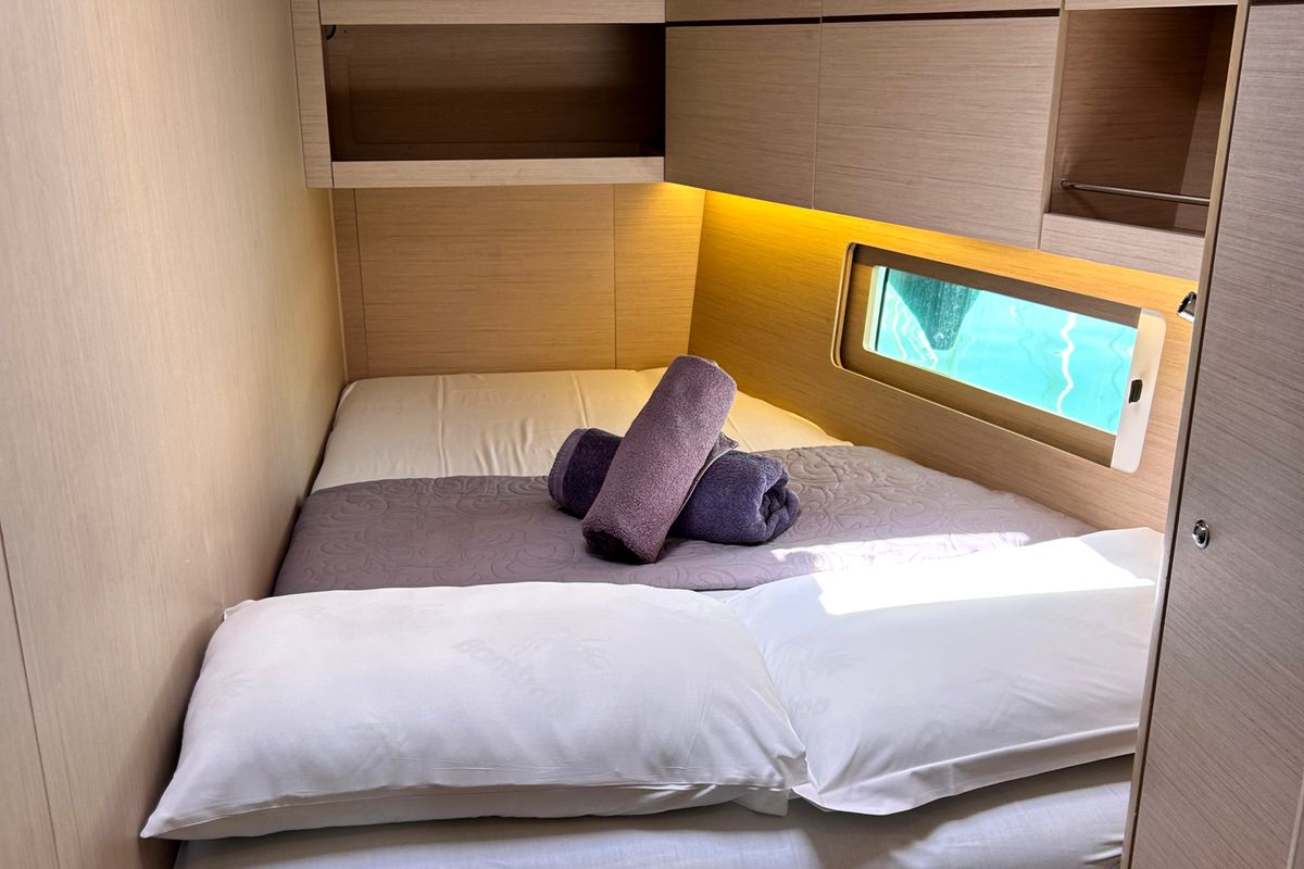 Cabin on Capriccio, a Beneteau Oceanis 46.1 sailboat at Gouvia, Greece