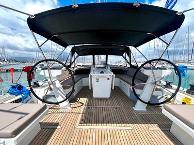 Cockpit of Capriccio, a Beneteau Oceanis 46.1 sailboat at Gouvia, Greece