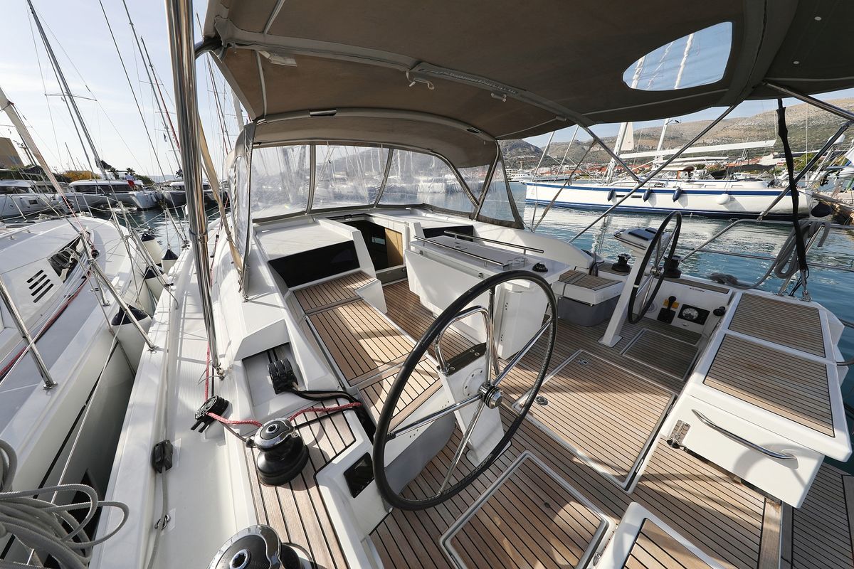 Cockpit of Lambda, a Beneteau Oceanis 46.1 sailboat at Grad Trogir, Croatia