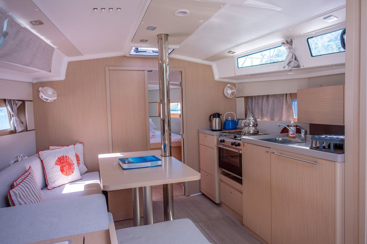 Salon of Triton 89, a Beneteau Oceanis 38.1 sailboat at Fethiye, Turkey