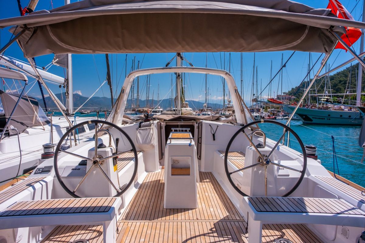 Cockpit of Triton 89, a Beneteau Oceanis 38.1 sailboat at Fethiye, Turkey