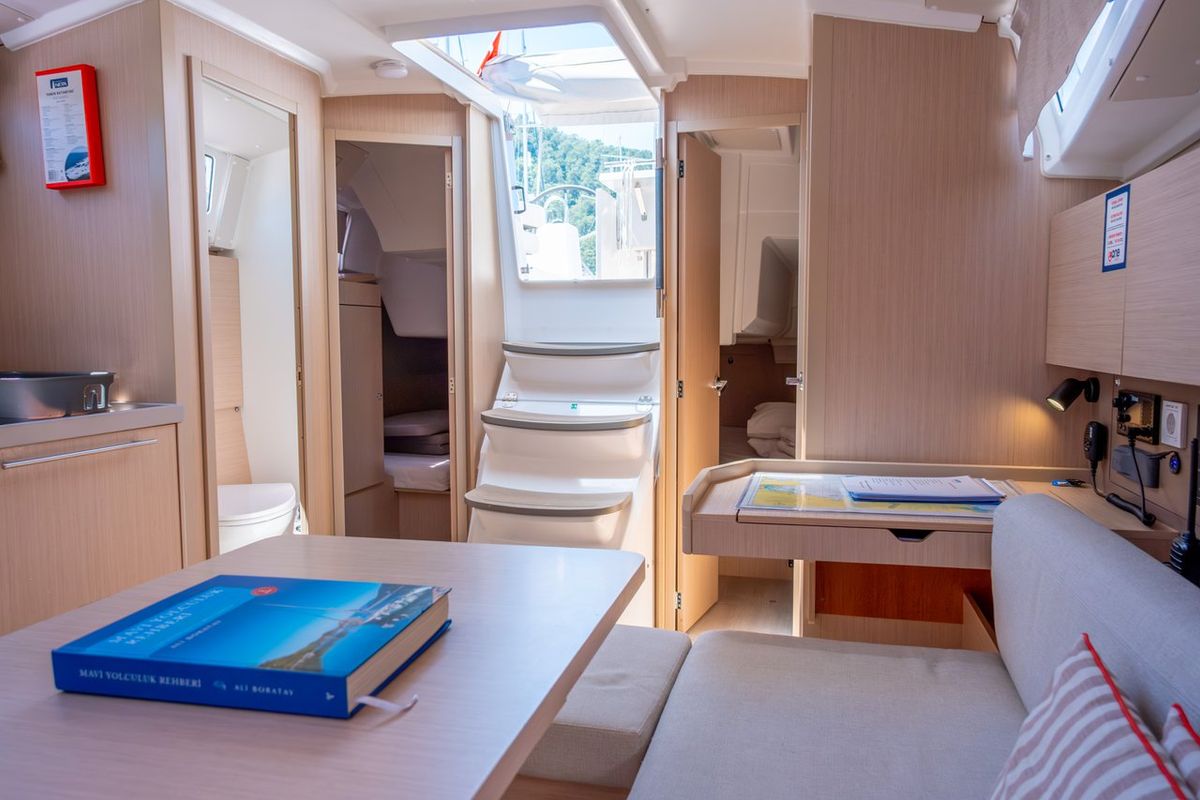 Salon of Triton 89, a Beneteau Oceanis 38.1 sailboat at Fethiye, Turkey