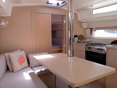 Salon of Triton 89, a Beneteau Oceanis 38.1 sailboat at Fethiye, Turkey