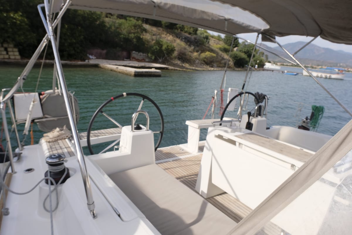 Cockpit of Triton 89, a Beneteau Oceanis 38.1 sailboat at Fethiye, Turkey