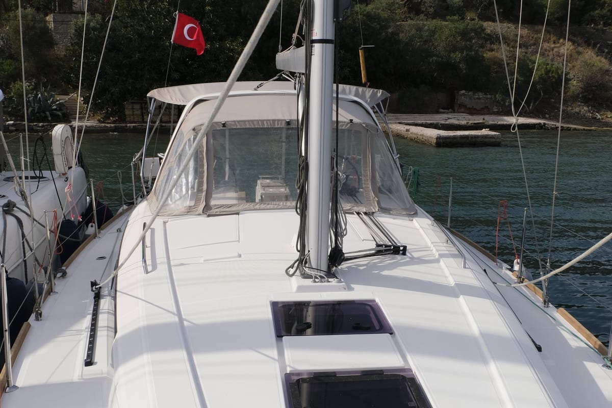 Deck of Triton 89, a Beneteau Oceanis 38.1 sailboat at Fethiye, Turkey