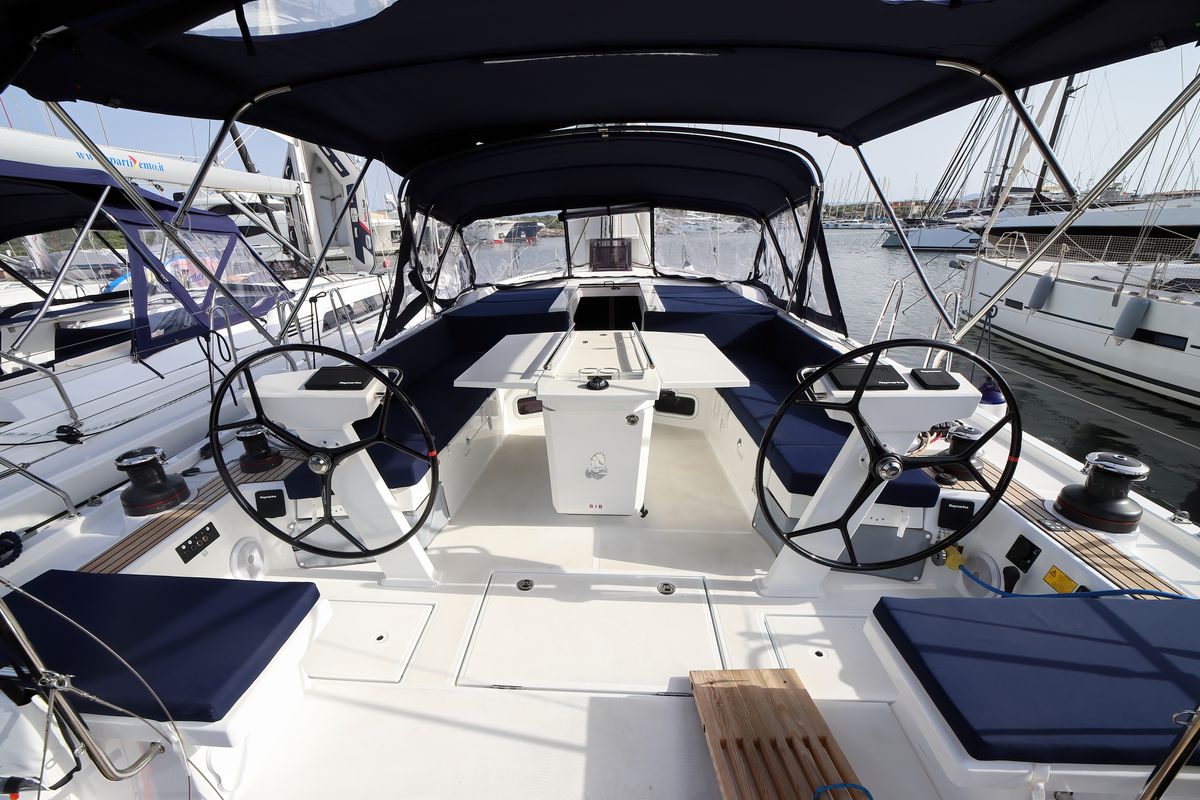 Cockpit of Artemide, a Beneteau Oceanis 51.1 sailboat at Olbia, Italy