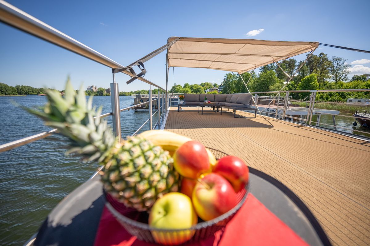 Deck of RedWine, a Woma D13 motorboat at Fürstenberg/Havel, Germany