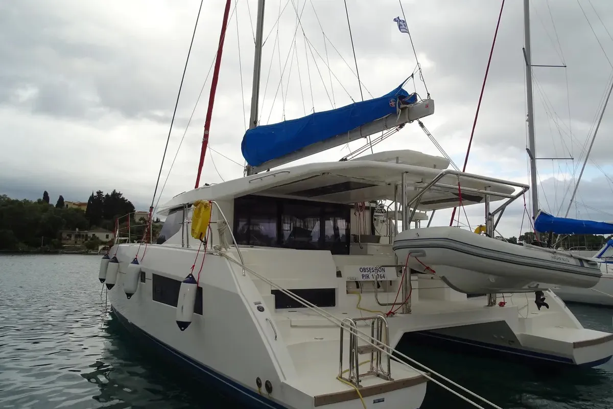 Exterior view of Obsession, a Leopard 45 catamaran at Gouvia, Greece