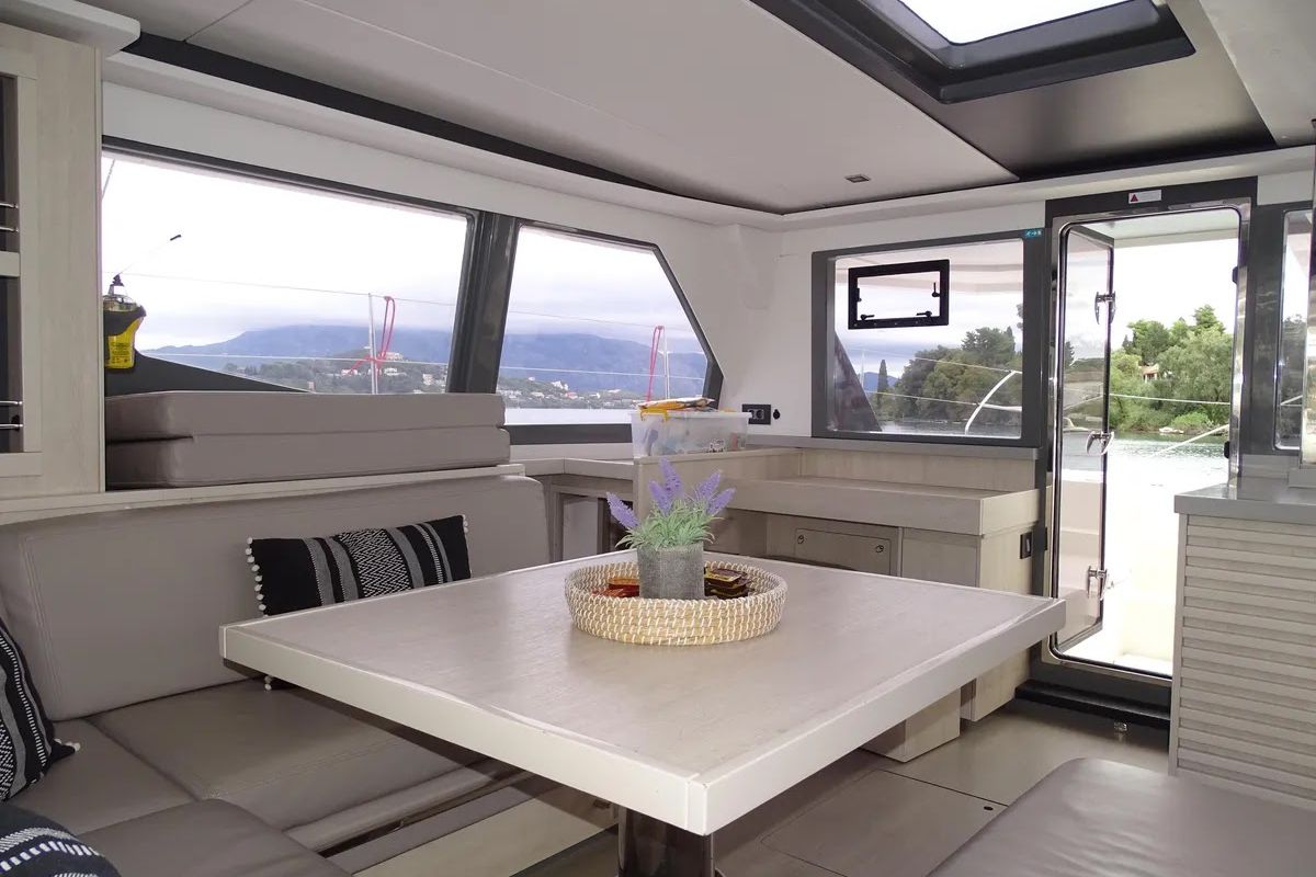 Salon of Obsession, a Leopard 45 catamaran at Gouvia, Greece
