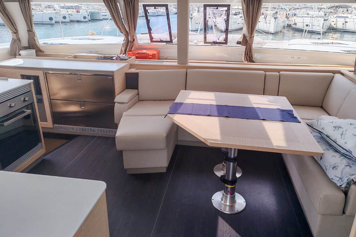Salon of Mateta II, a Fountaine Pajot Tanna 47 catamaran at Seget Donji, Croatia