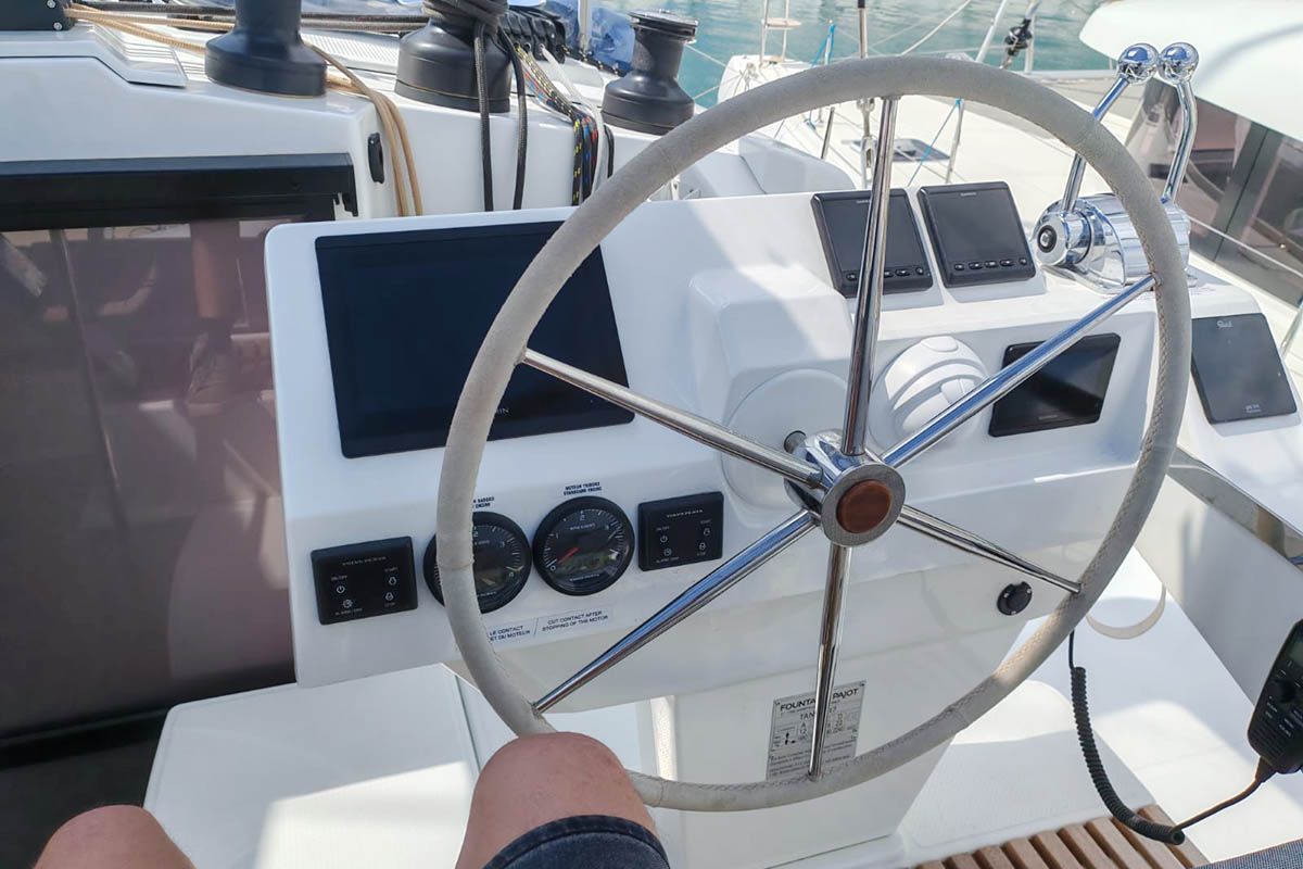 Cockpit of Mateta II, a Fountaine Pajot Tanna 47 catamaran at Seget Donji, Croatia