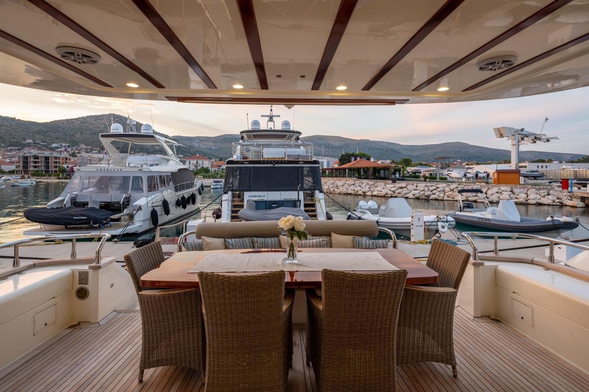 Deck of Lady Lona, a Amer 86 yacht at Seget Donji, Croatia