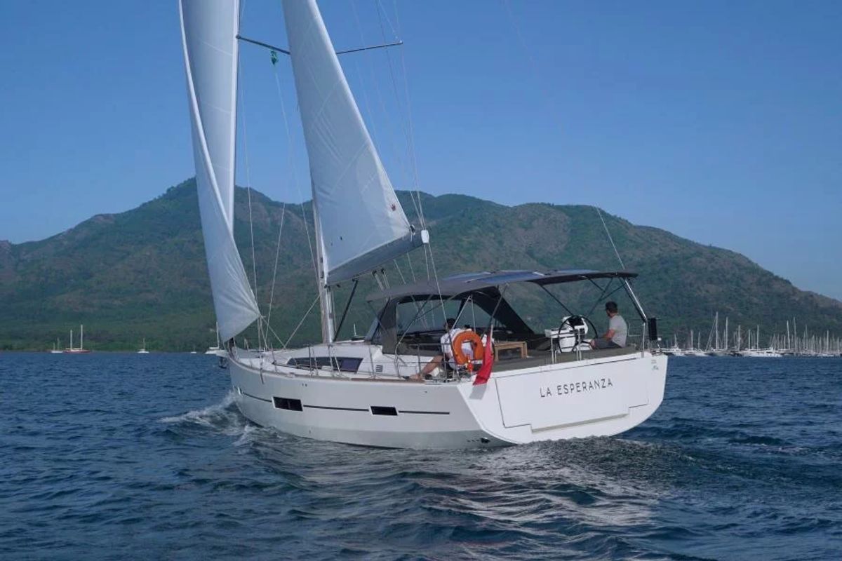 Exterior view of La Esperanza, a Dufour 520 Grand Large sailboat at Marmaris, Turkey