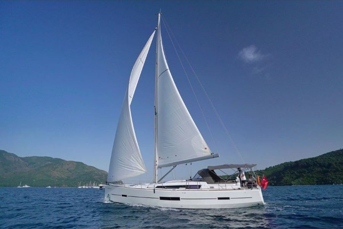 Exterior view of La Esperanza, a Dufour 520 Grand Large sailboat at Marmaris, Turkey