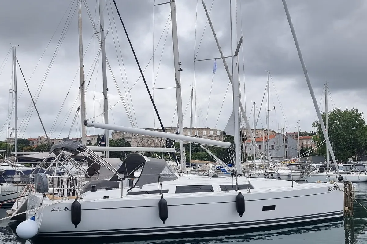 Exterior view of Larod, a Hanse Yachts Hanse 348 sailboat at Grad Pula, Croatia