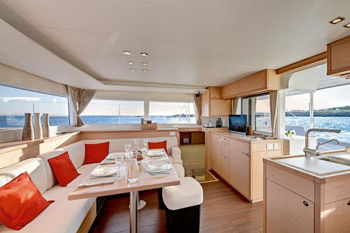 Salon of Bonita, a Lagoon 450 Fly catamaran at Thira Municipal Unit, Greece