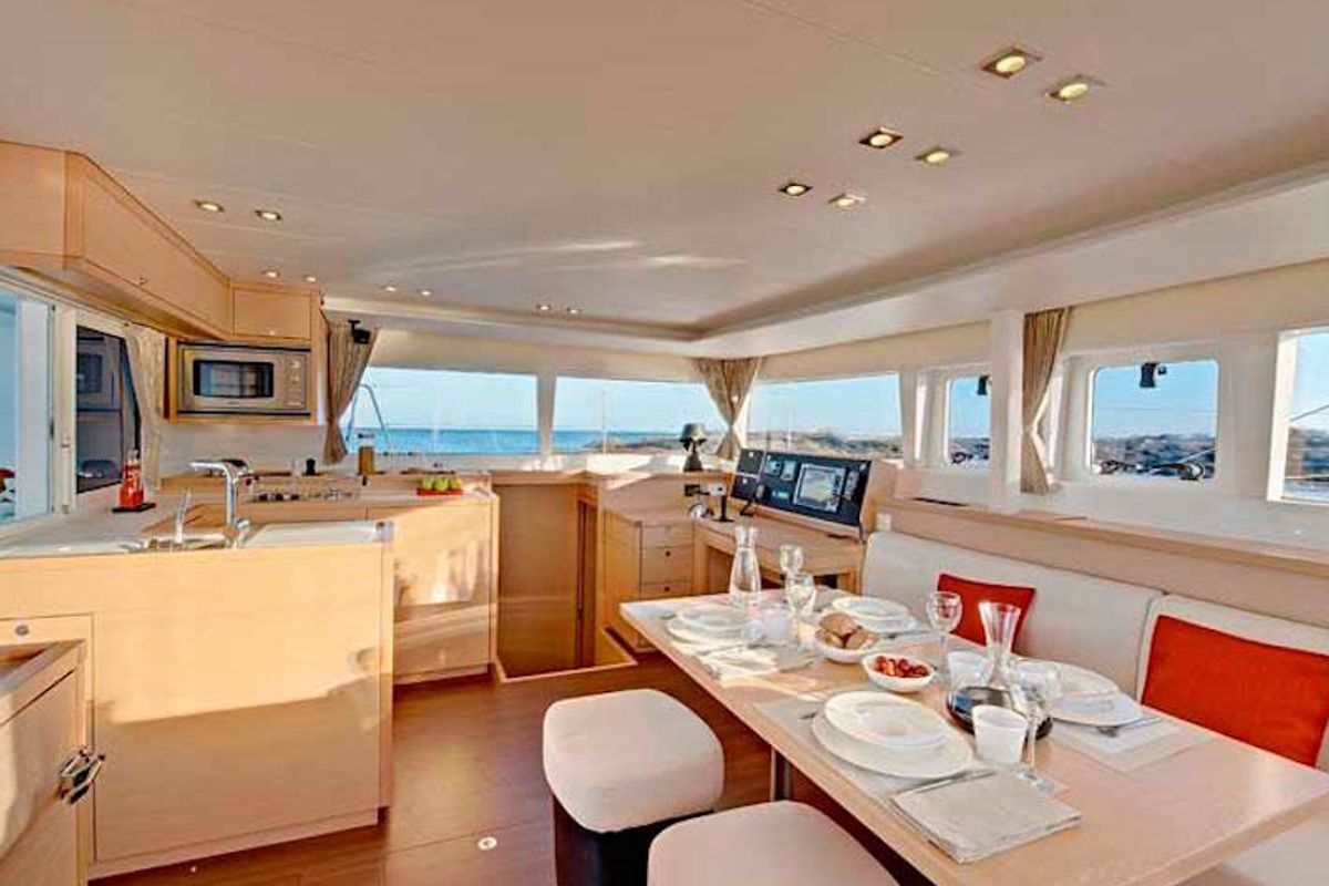 Salon of Bonita, a Lagoon 450 Fly catamaran at Thira Municipal Unit, Greece