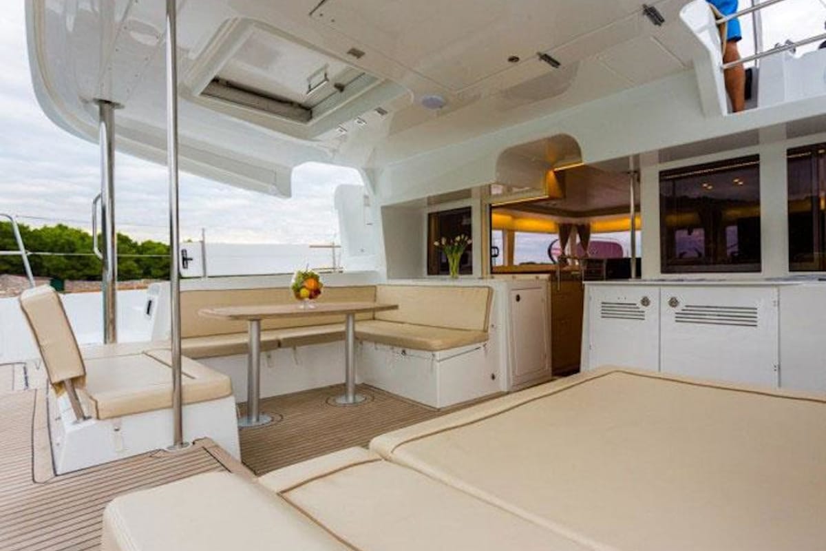 Deck of Bonita, a Lagoon 450 Fly catamaran at Thira Municipal Unit, Greece