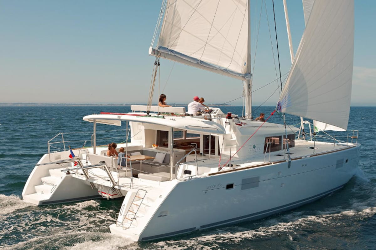 Exterior view of Bonita, a Lagoon 450 Fly catamaran at Thira Municipal Unit, Greece