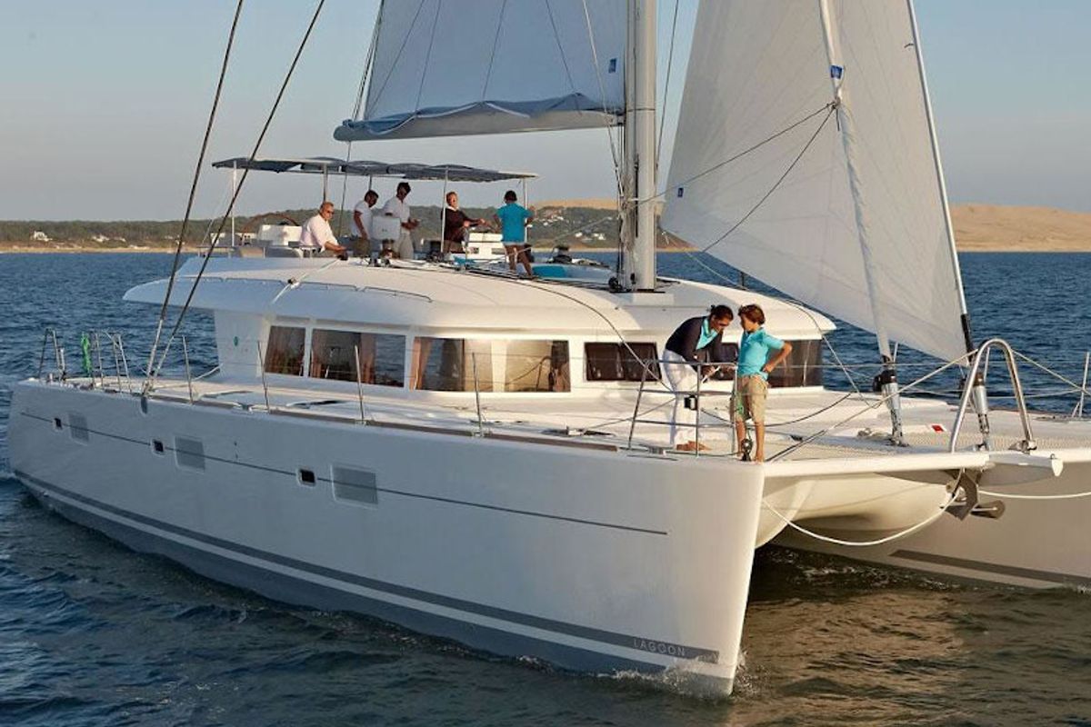 Exterior view of Bonita, a Lagoon 450 Fly catamaran at Thira Municipal Unit, Greece