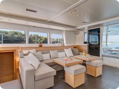 Salon of Bonita, a Lagoon 450 Fly catamaran at Thira Municipal Unit, Greece