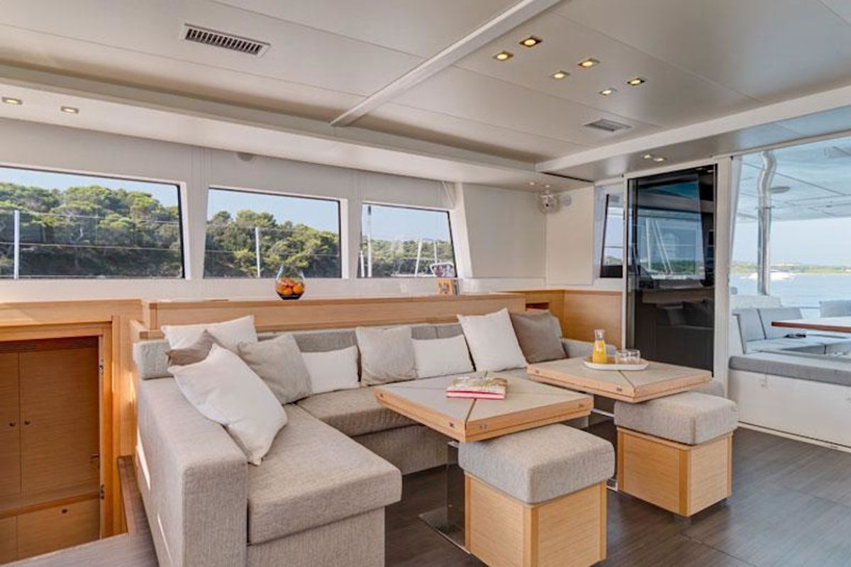 Salon of Bonita, a Lagoon 450 Fly catamaran at Thira Municipal Unit, Greece