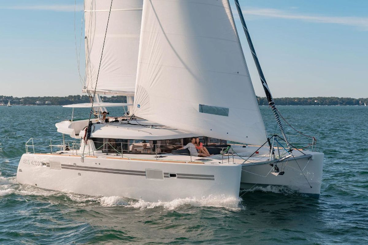 Exterior view of Bonita, a Lagoon 450 Fly catamaran at Thira Municipal Unit, Greece