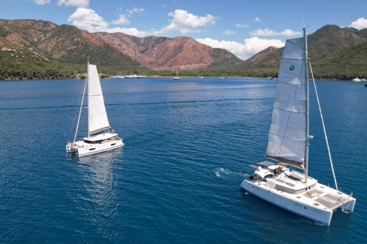 Exterior view of Loryma Sailing, a Lagoon 450 catamaran at Marmaris, Turkey