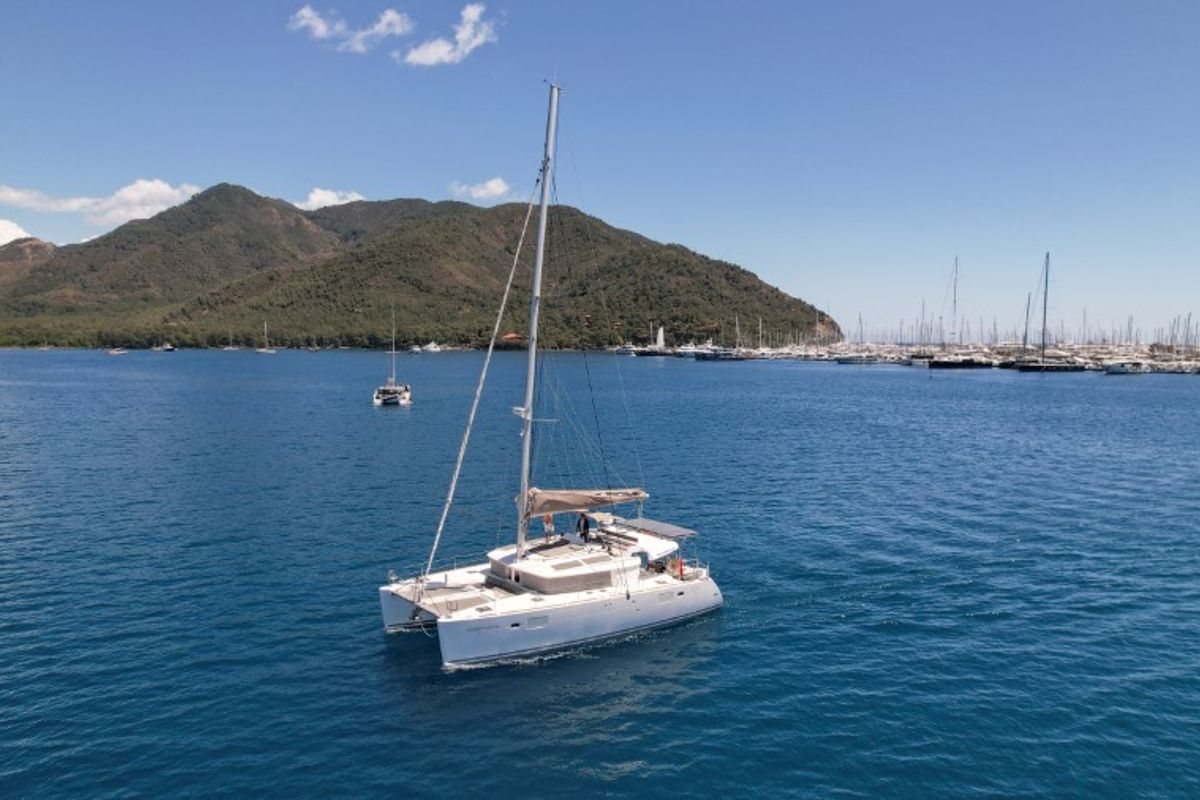 Exterior view of Loryma Sailing, a Lagoon 450 catamaran at Marmaris, Turkey