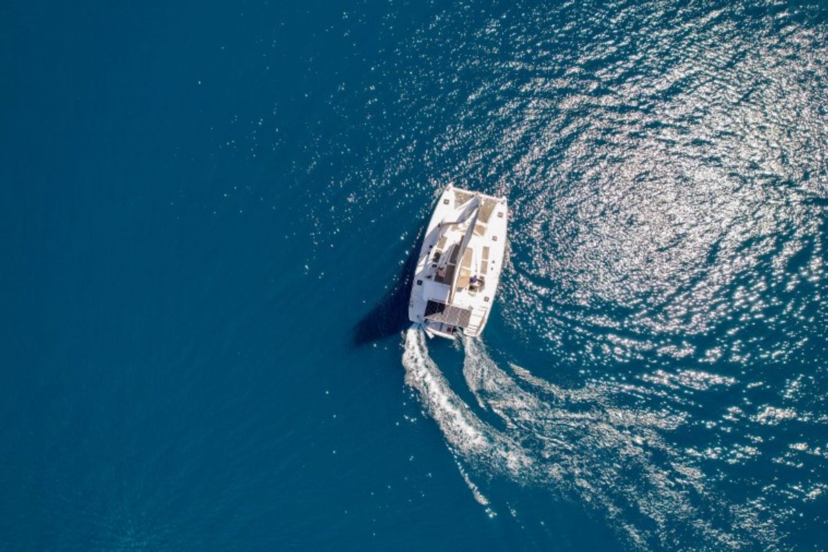 Exterior view of Loryma Sailing, a Lagoon 450 catamaran at Marmaris, Turkey