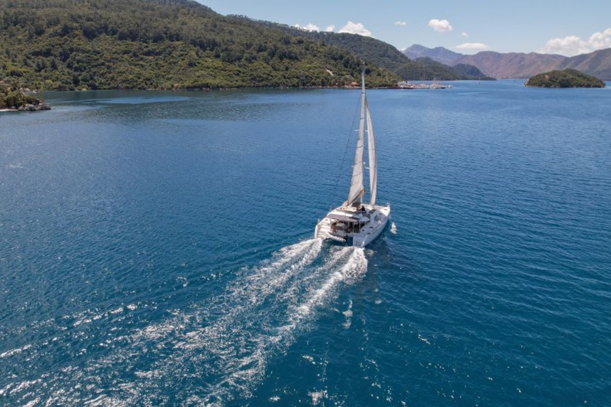 Exterior view of Loryma Sailing, a Lagoon 450 catamaran at Marmaris, Turkey