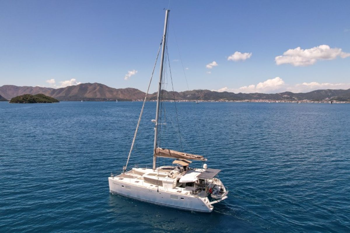 Exterior view of Loryma Sailing, a Lagoon 450 catamaran at Marmaris, Turkey