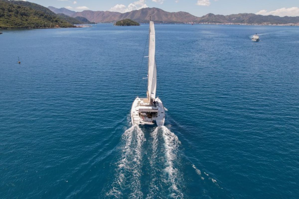 Exterior view of Loryma Sailing, a Lagoon 450 catamaran at Marmaris, Turkey