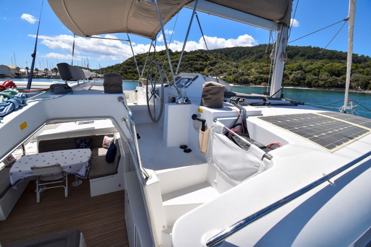 Cockpit of Loryma Sailing, a Lagoon 450 catamaran at Marmaris, Turkey