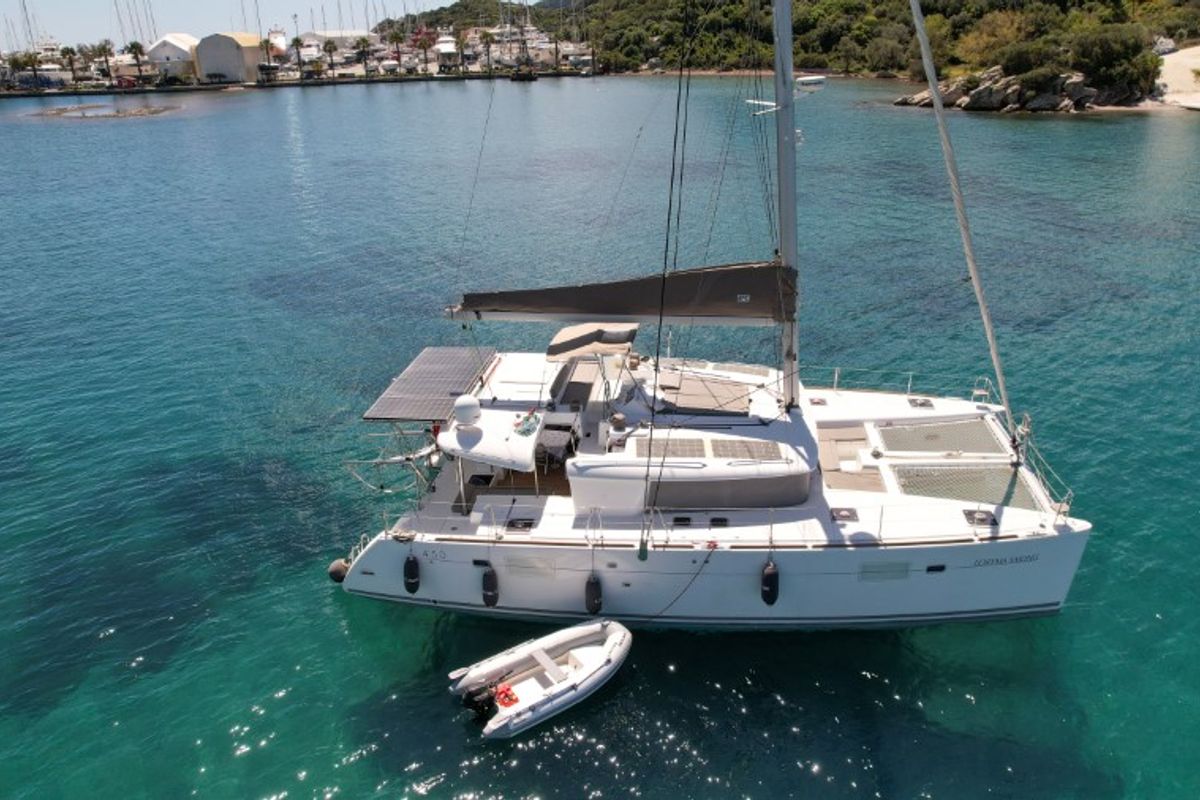 Exterior view of Loryma Sailing, a Lagoon 450 catamaran at Marmaris, Turkey
