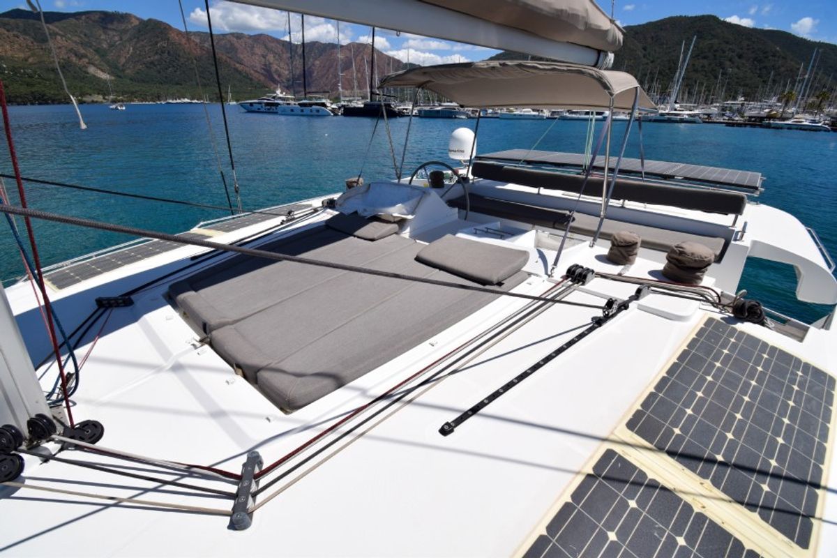Deck of Loryma Sailing, a Lagoon 450 catamaran at Marmaris, Turkey