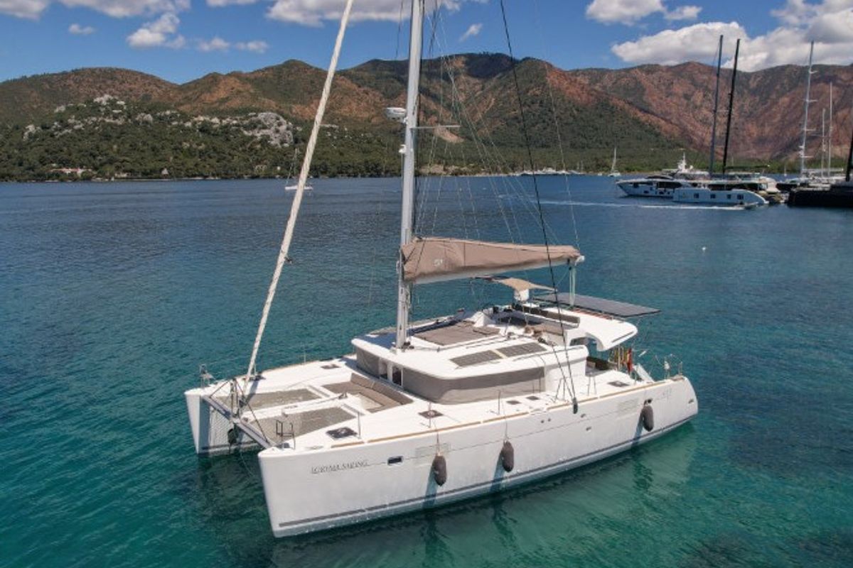 Exterior view of Loryma Sailing, a Lagoon 450 catamaran at Marmaris, Turkey
