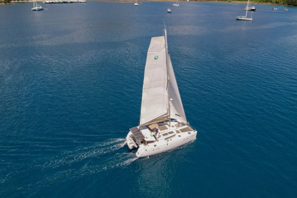Exterior view of Loryma Sailing, a Lagoon 450 catamaran at Marmaris, Turkey