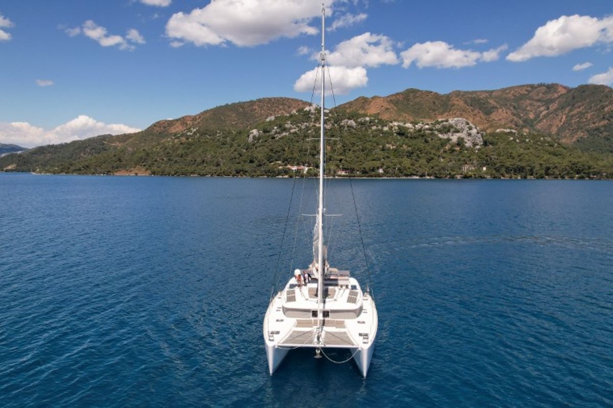 Exterior view of Loryma Sailing, a Lagoon 450 catamaran at Marmaris, Turkey